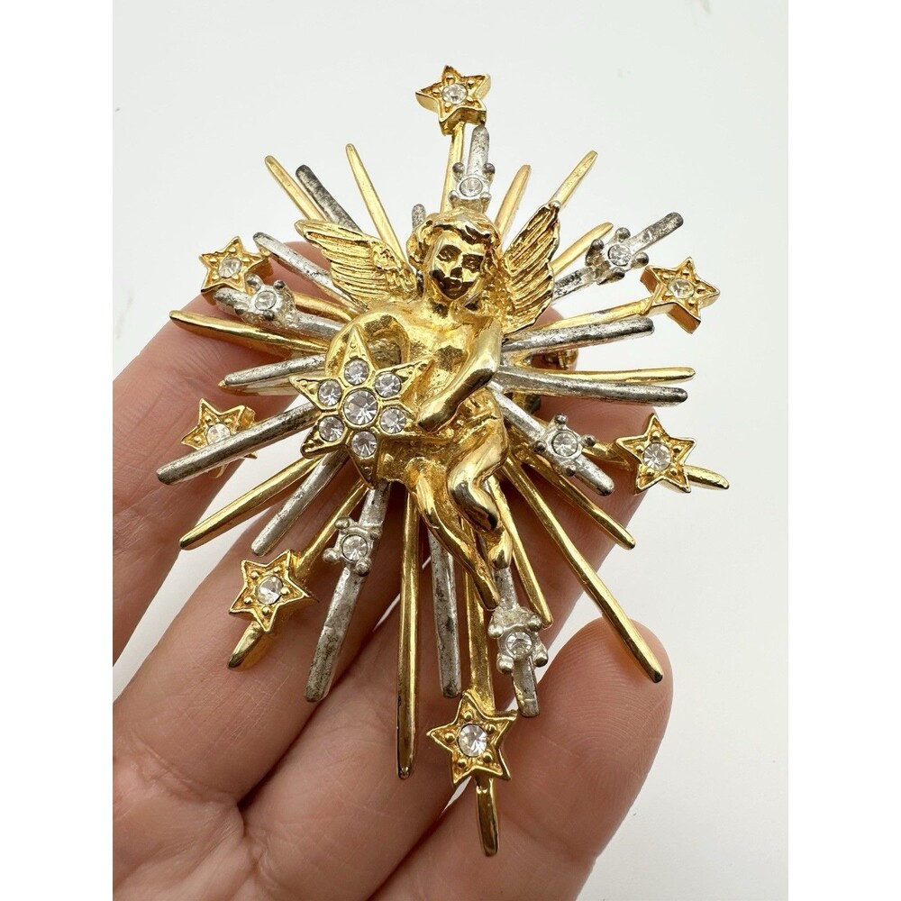 Vintage Angel Cherub Starburst Brooch Pin Rhinestone
